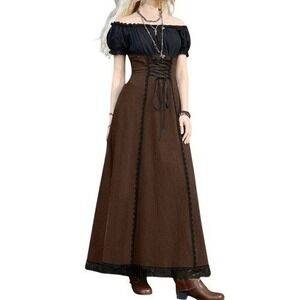 🆕 ROMWE Brown Black Renaissance Lace Up Corset Gothic Maxi Dress EUC Large